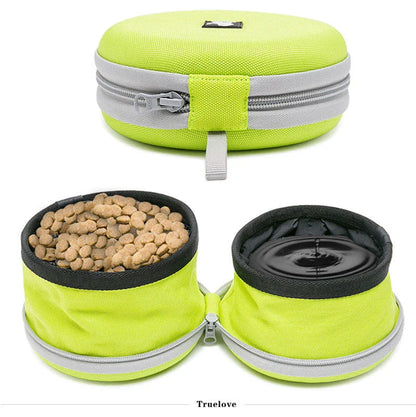 Collapsible dual dog bowl made from durable 900D oxford fabric with waterproof lining, perfect for outdoor adventures with your pet