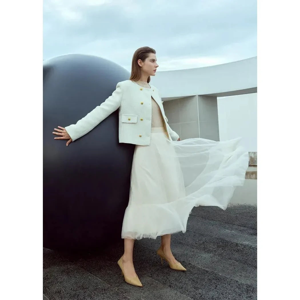 Elegant Fairy Gauze A-Line Skirt in Orange Beige and White, featuring a classic A-line silhouette and ankle-length design