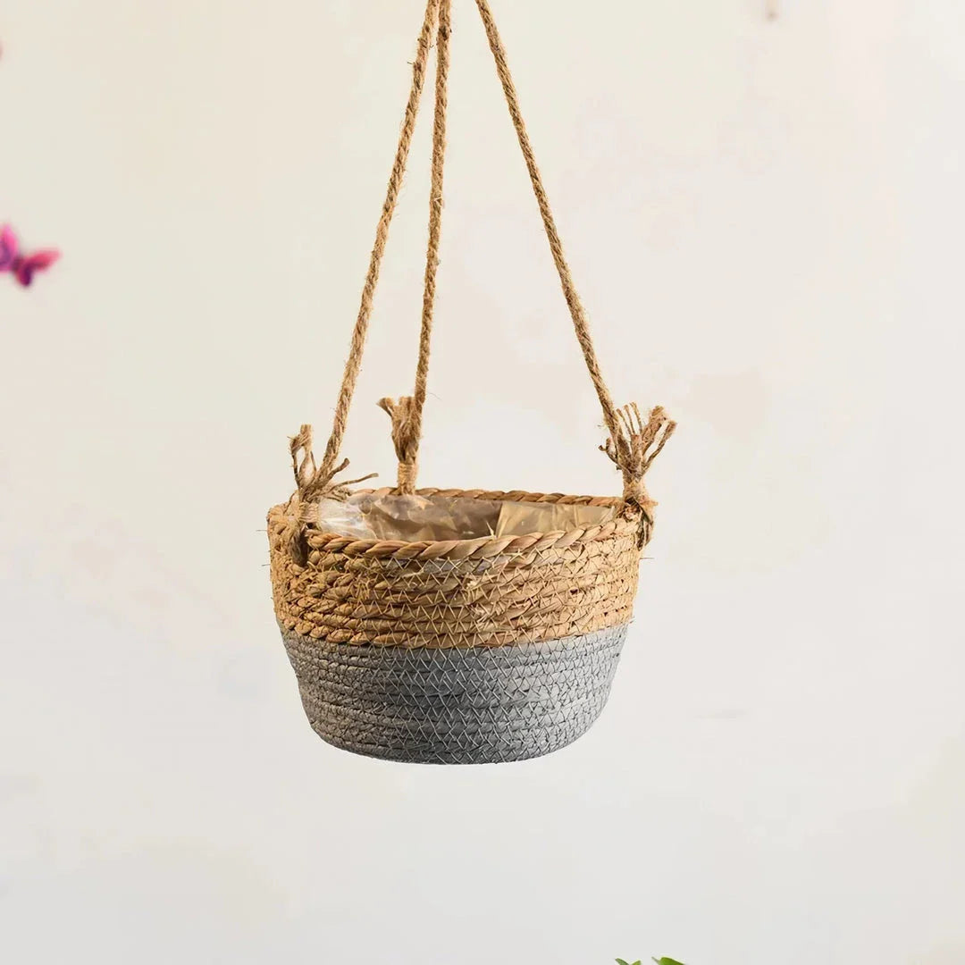 Stylish jute rope hanging planter basket in gray, perfect for adding natural, bohemian charm to Kiwi homes and gardens
