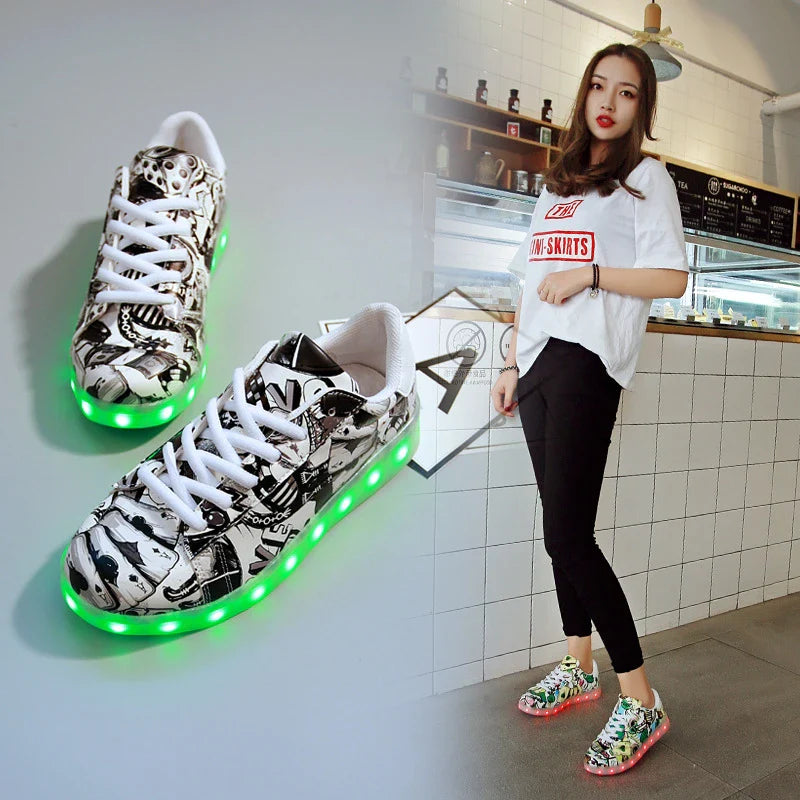 Trendy Luminous Shoes with graffiti-inspired design and vibrant LED lights