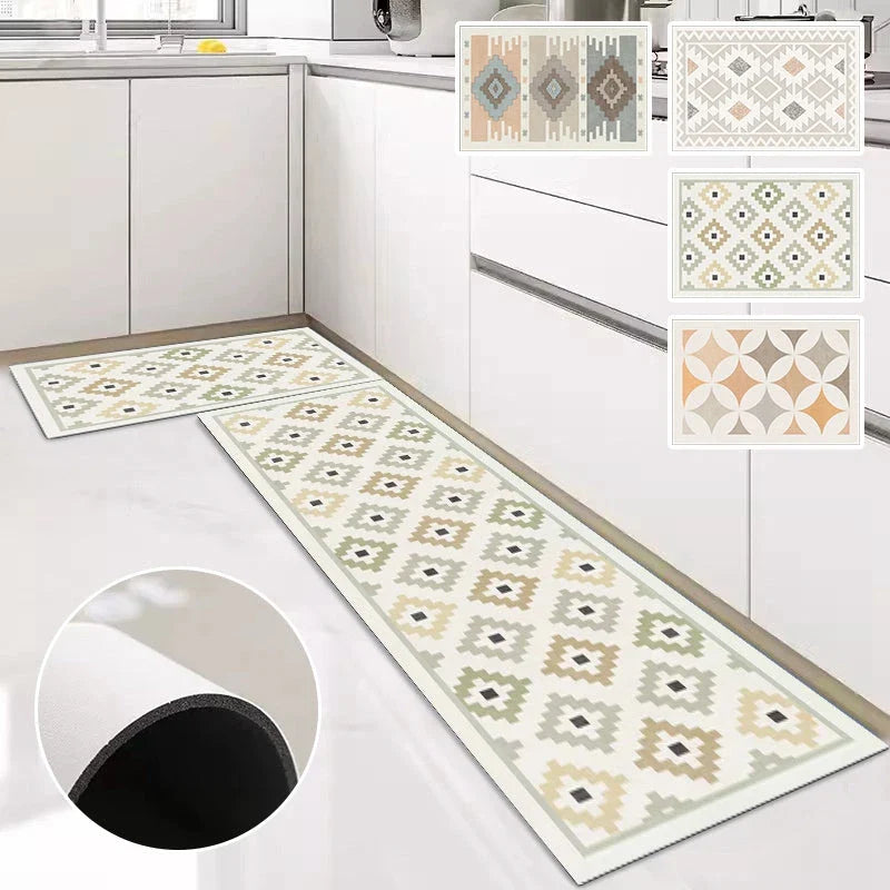 Bohemian Style Geometric Non-Slip Kitchen Mat with Plush Velveteen Surface and Durable Rubber Backing