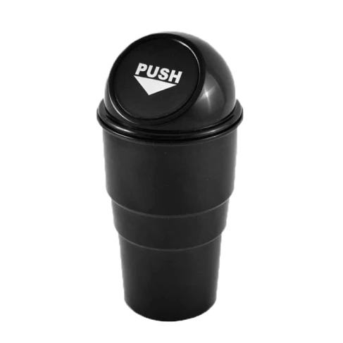 Compact in-car rubbish bin made of durable ABS plastic, designed to fit in car cup holders and keep vehicles clean and organised