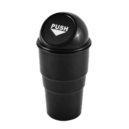 Compact in-car rubbish bin made of durable ABS plastic, designed to fit in car cup holders and keep vehicles clean and organised