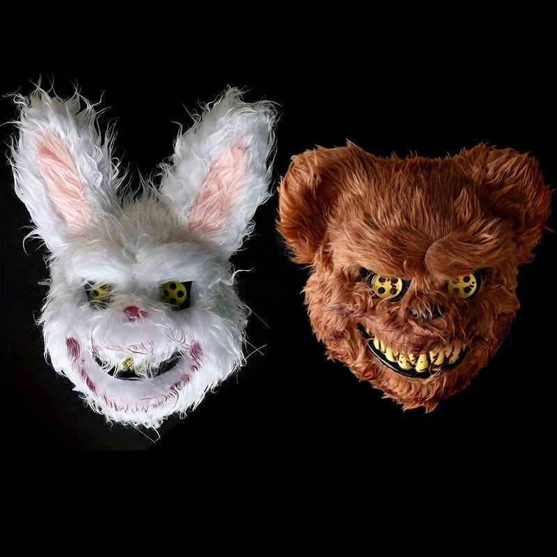 A creepy and realistic plush bunny mask with long pink ears, a bloody mouth, and glowing green eyes - perfect for Halloween and costume parties.