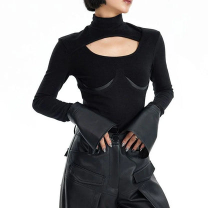 Stylish knitted pullover with PU leather patchwork, available in black and various sizes
