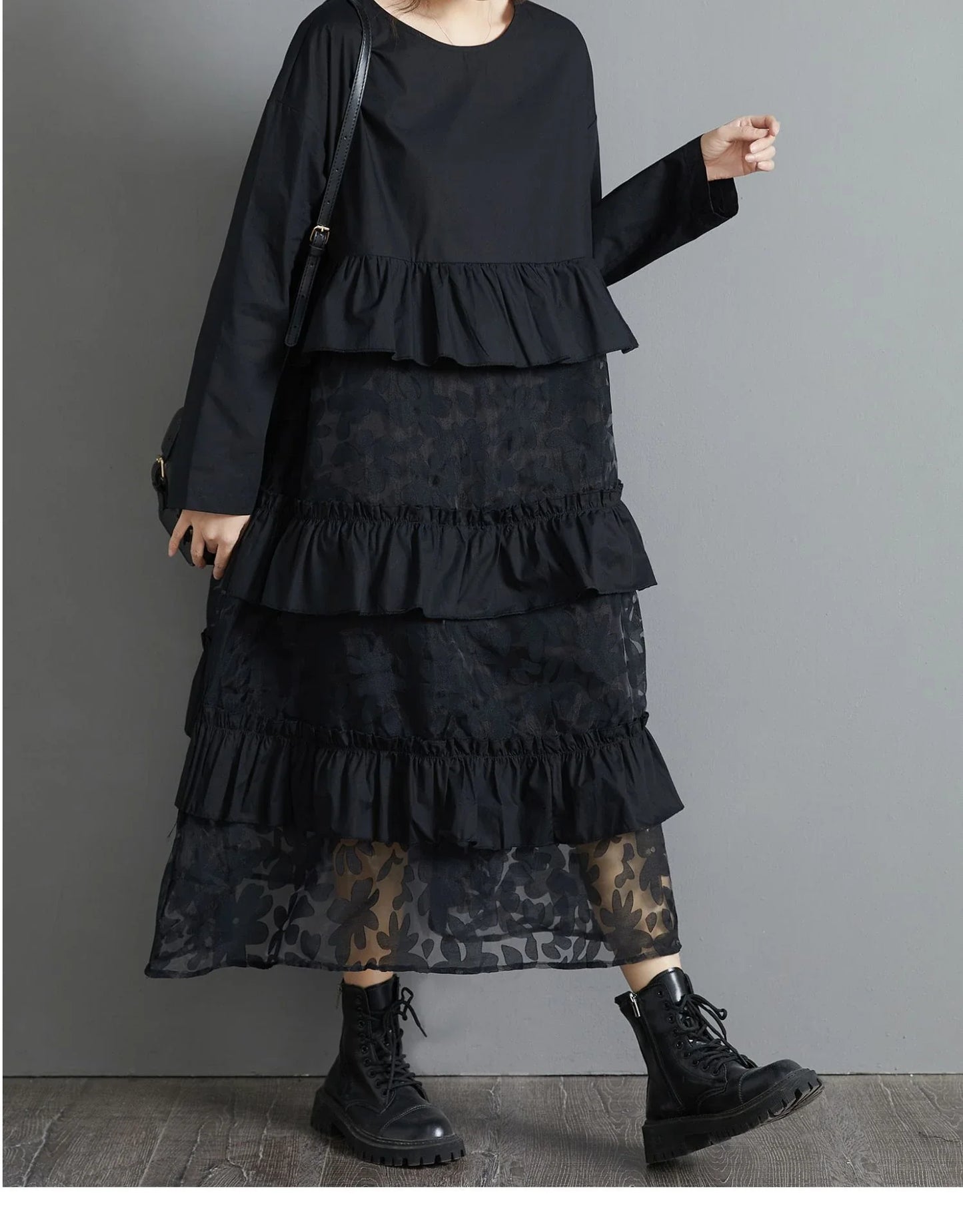 Stylish plus size black dress with lace stitching and long sleeves, perfect for retro-inspired style