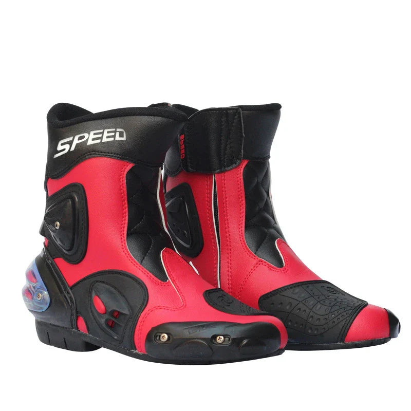 Motorcycle riding boots with reinforced toe and heel, slip-resistant construction, and adjustable straps for a secure fit