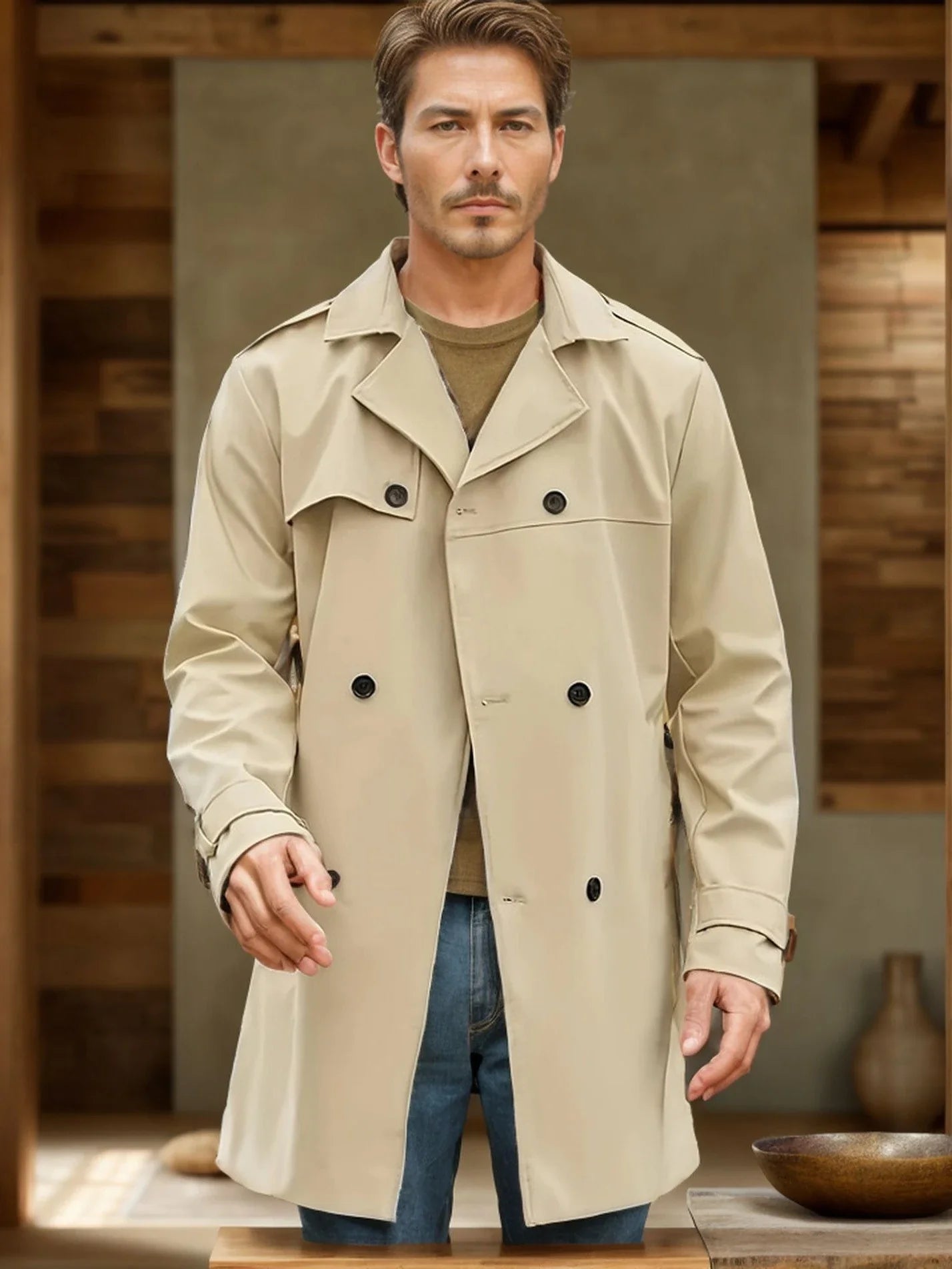 Men's Double-breasted Wool Coat in Light Gray, Black, Khaki, and Dark Brown Colors