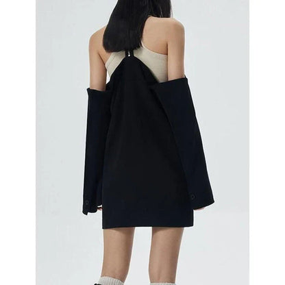 Stylish halter neck double-breasted black blazer for Kiwi women, featuring a unique design and premium materials