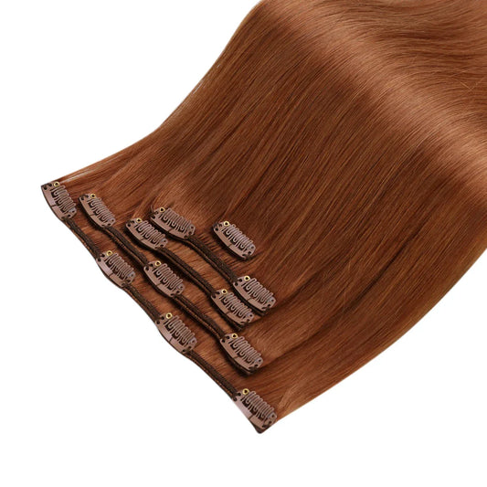 12-inch Clip-In Human Hair Extensions in Auburn, made with 100% Brazilian Remy hair for a luxurious, natural-looking Kiwi style