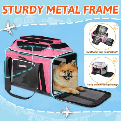 Airline-approved pet carrier with expandable top and safety features for stress-free travel with your furry companion