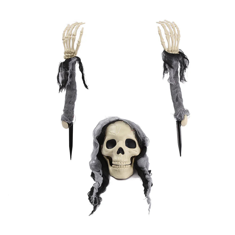 Three handsome skull decorations in green, red, and grey colours for Halloween, Christmas, and Easter celebrations