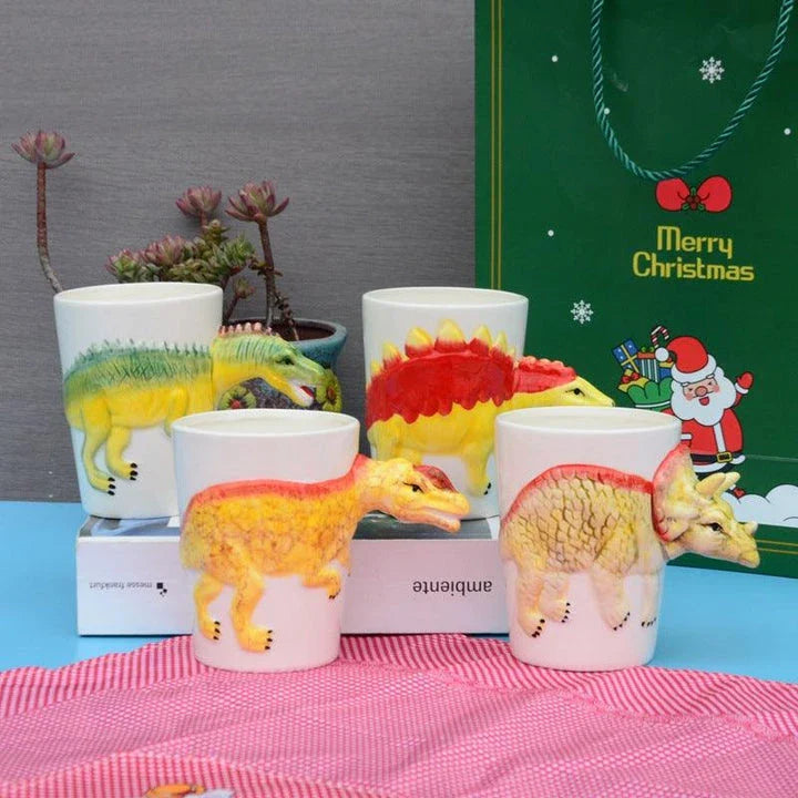 Unique 3D Ceramic Dinosaur Mugs in Tyrannosaurus, Stegosaurus, Triceratops, and Helmet designs - Premium porcelain construction with hand-painted details