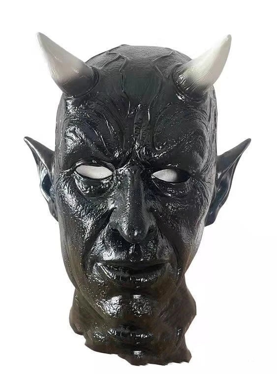 A black latex Halloween mask with intimidating bullhorns, perfect for a terrifying demon costume