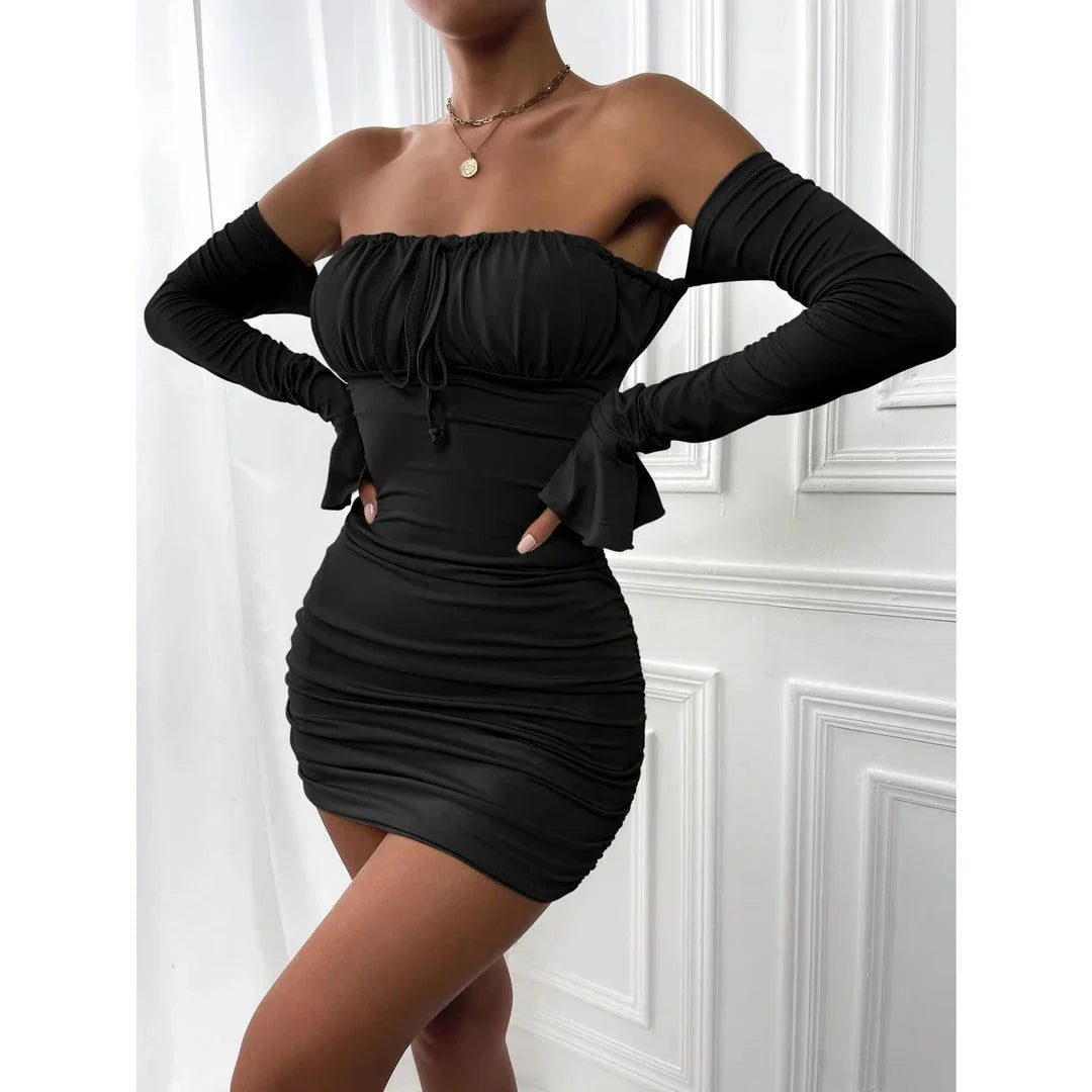 A stylish off-shoulder bodycon mini dress with lace-up details, trumpet sleeves, and a backless design - the perfect glamorous outfit for a night out in New Zealand.