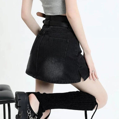 A stylish high-waisted denim mini skirt with a fashionable belt, perfect for Kiwi fashion enthusiasts