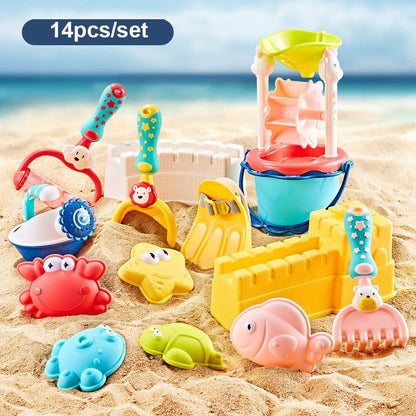Colorful beach toy set with shovels, sand molds, and a convenient carry bag for outdoor fun
