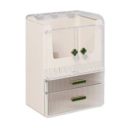 Large white makeup organizer drawer with transparent cover, storing various cosmetic products and accessories