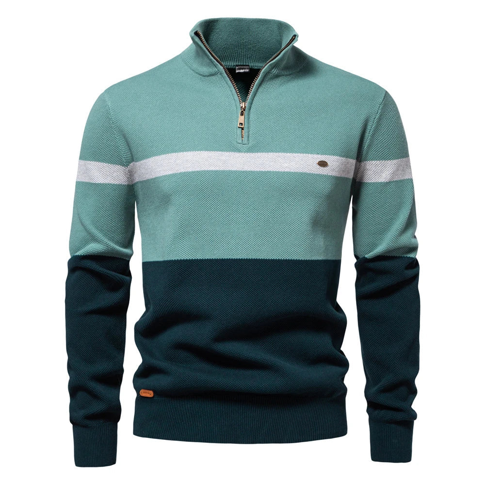 A stylish, slim-fit sweater in a modern colour-blocking design of Lake Green, White, and Grey, made with premium cotton for exceptional comfort and New Zealand casual style.