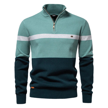 A stylish, slim-fit sweater in a modern colour-blocking design of Lake Green, White, and Grey, made with premium cotton for exceptional comfort and New Zealand casual style.