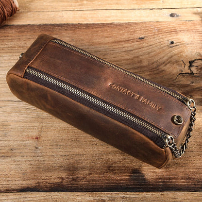 Premium Crazy Horse leather wallet with double zip closure, offering large capacity and a compact, versatile design for everyday use.