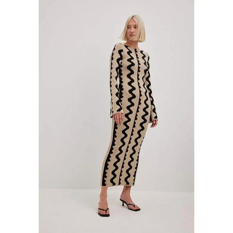 Elegant striped knit midi dress with O-neck design, featuring a flattering slim fit and comfortable ankle-length cut for the modern Kiwi woman.