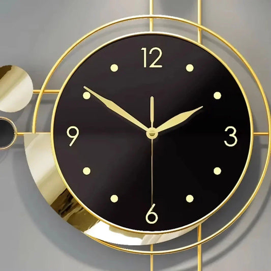 A sophisticated Art Deco wall clock with a gold pendulum and black face, adding a touch of modern elegance to any room.