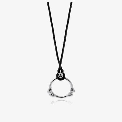 Circular bone pendant necklace made with titanium steel and adjustable leather rope, inspired by nature and perfect for Kiwi chic style