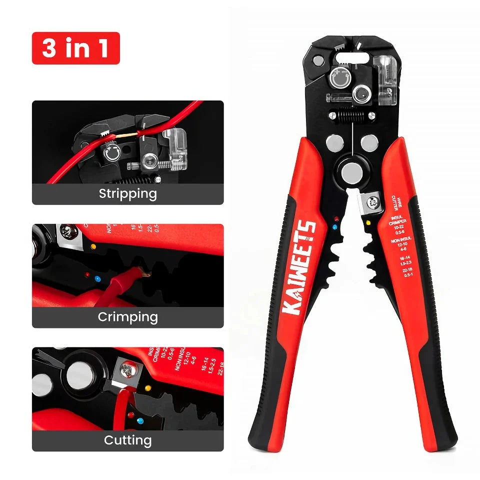 Automatic Wire Stripping and Crimping Tool Set with self-adjusting jaws and micro-adjusting swivel knob for versatile wire handling