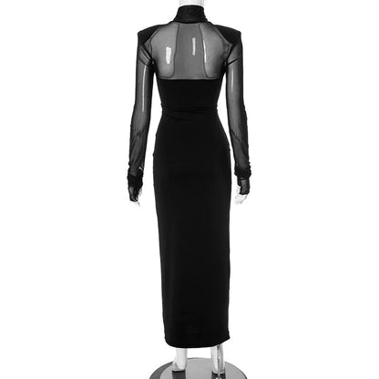 Elegant turtleneck dress with mesh stitching details, slim-fit silhouette, and long sleeves