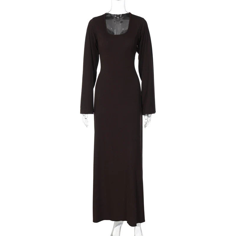 Women's U-Neck Dress with Lace-Up Back and Long Bell Sleeves in Assorted Colours