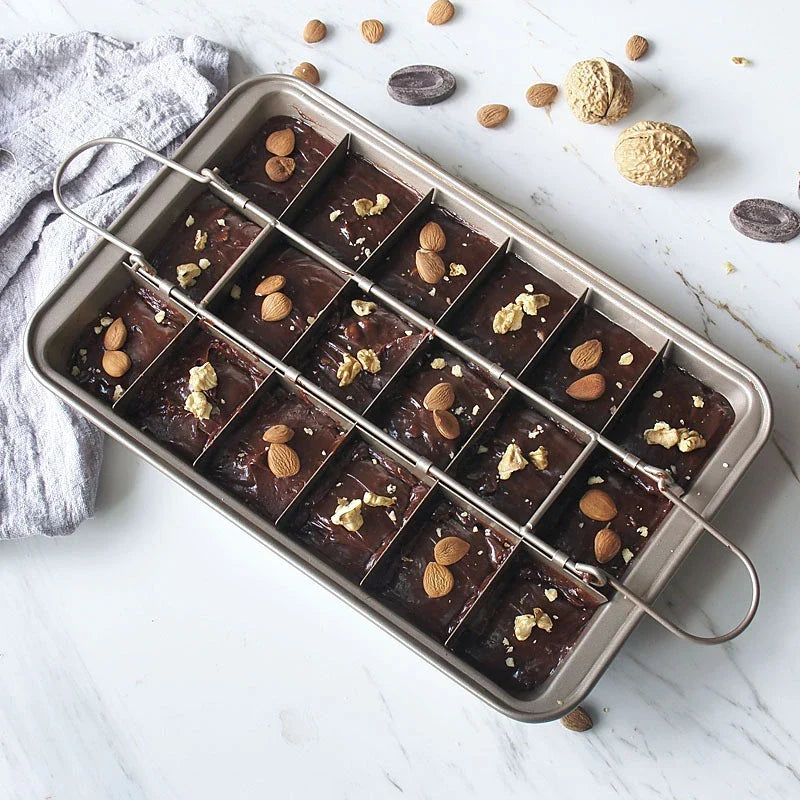 A heavy-duty steel brownie baking pan with a non-stick Teflon coating, perfect for creating delicious homemade treats in any Kiwi kitchen.