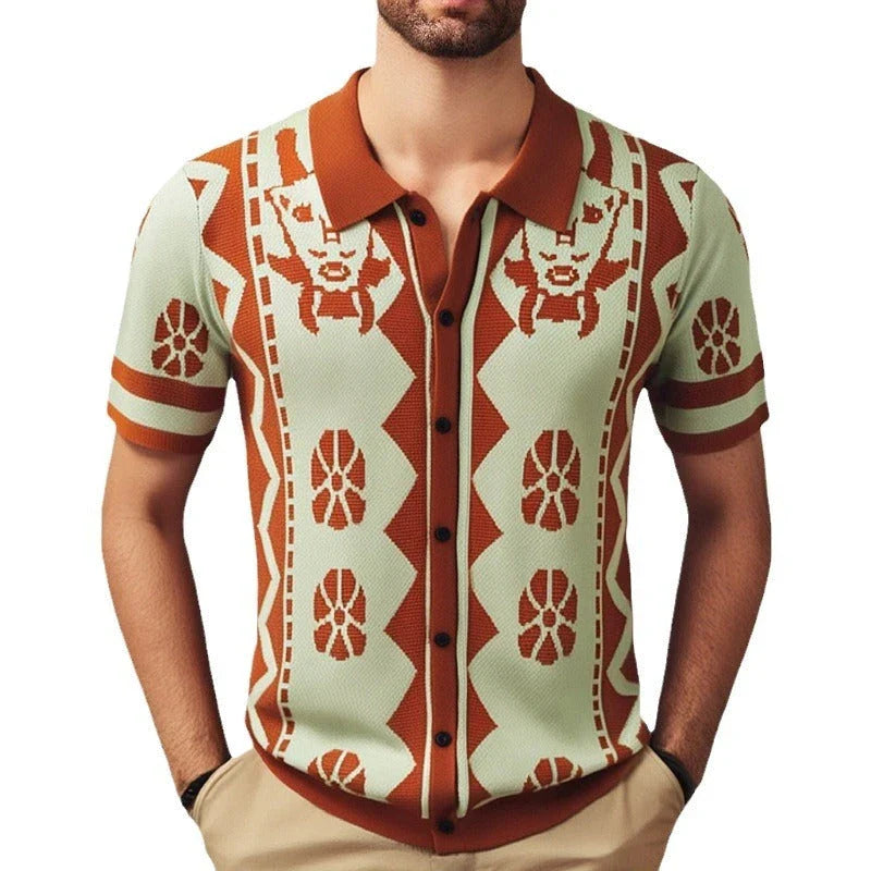 Stylish men's knitted polo shirt in brown with lapel collar, made with premium polyester fiber for comfort and durability