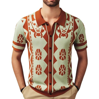 Stylish men's knitted polo shirt in brown with lapel collar, made with premium polyester fiber for comfort and durability