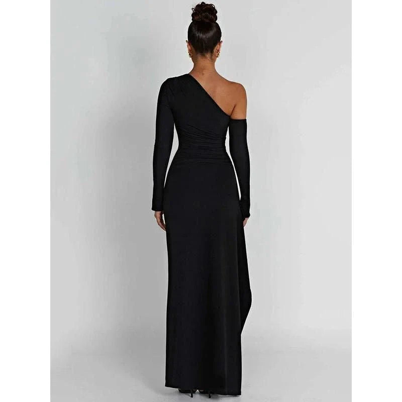 Elegant thigh-high split maxi dress with oblique shoulder design for sophisticated evening events