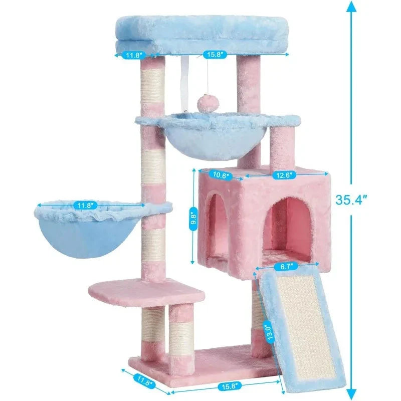 A stylish and sturdy cat tree with multiple levels, scratching posts, and cosy hammocks for your indoor cat's playtime and relaxation.