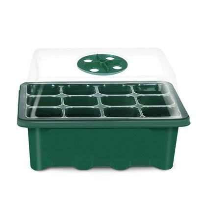 A transparent 12-cell seedling tray with a humidity dome and drainage holes, perfect for growing a variety of plants from seeds.
