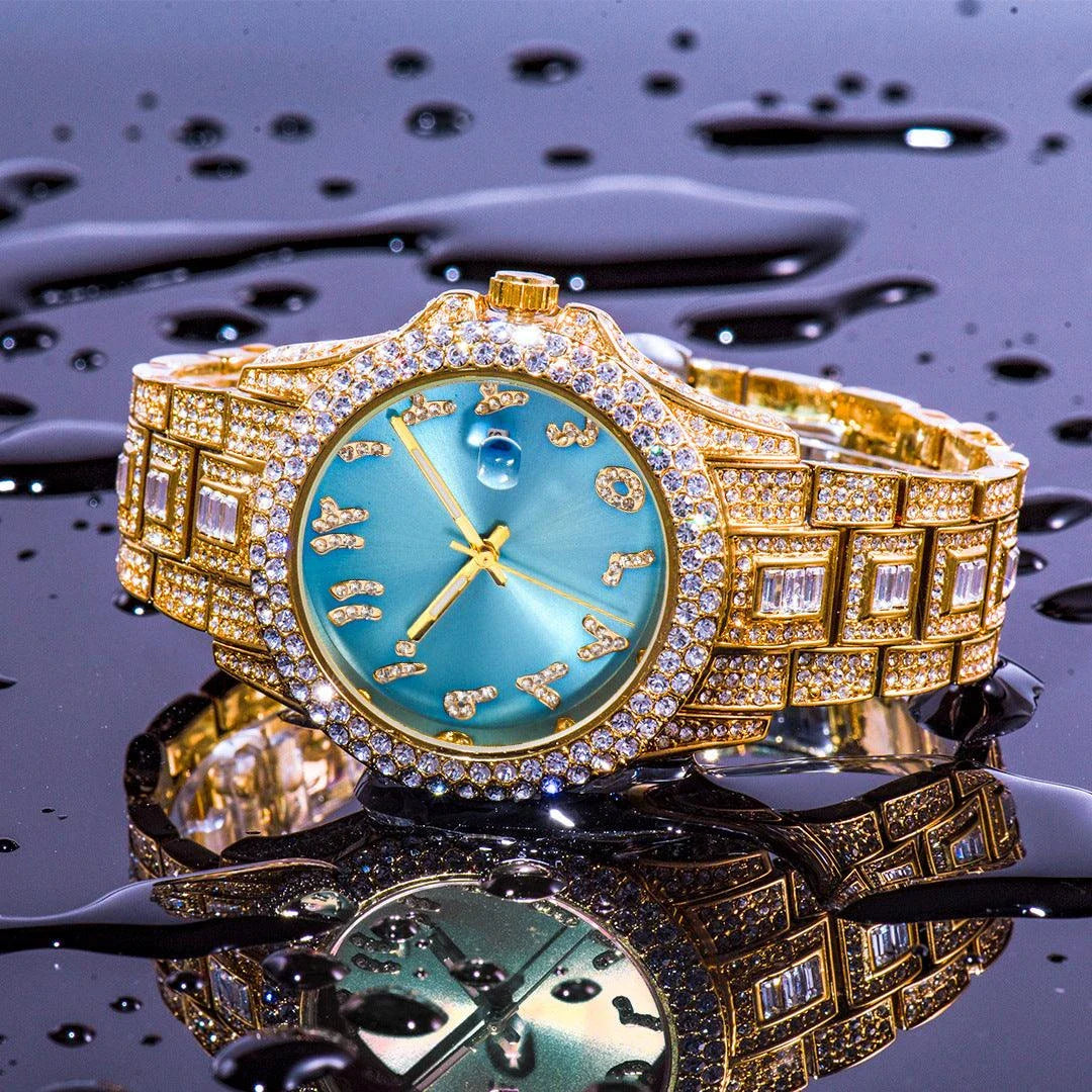 Elegant Kiwi-approved waterproof watch with diamond-encrusted dial and gold-plated strap