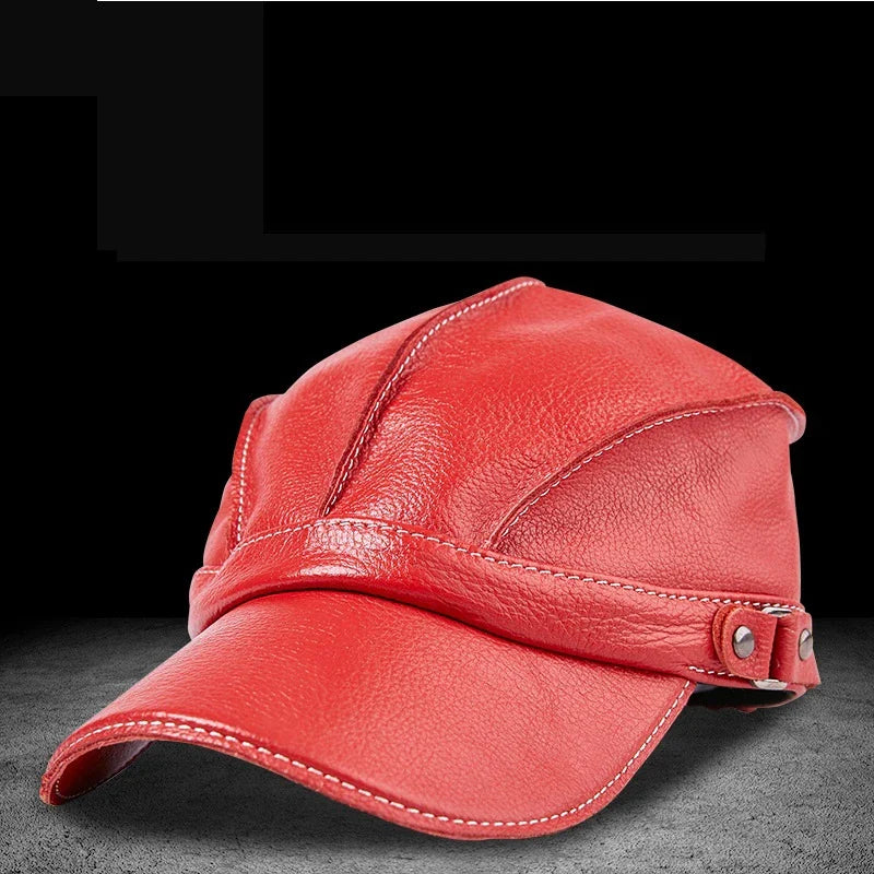 Leather baseball cap with earmuffs in black, red, and brown colors for men's cold weather wear