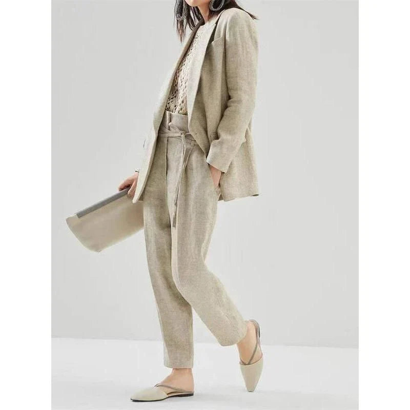 Elegant cotton linen blazer and trousers set in a sophisticated style suitable for Kiwi women's office and casual wear