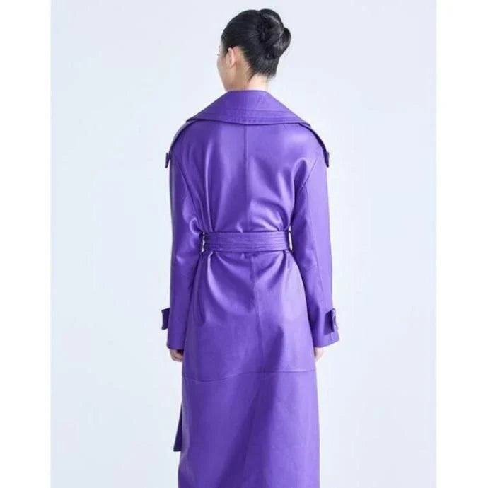 Elegant purple faux leather trench coat with turn-down collar, adjustable waist, and functional pockets - a stylish and practical outerwear option for Kiwi women.