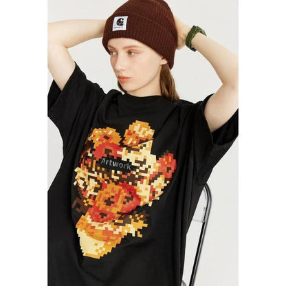 A stylish metallic sunflower print t-shirt in black or khaki, perfect for casual wear and streetwear.