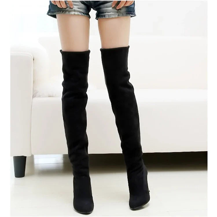 Pointed over-the-knee stretch high heel boots in a stylish grey color