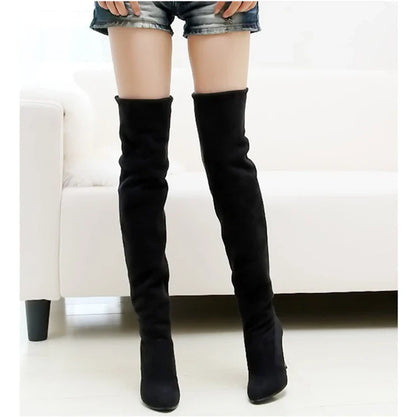 Pointed over-the-knee stretch high heel boots in a stylish grey color