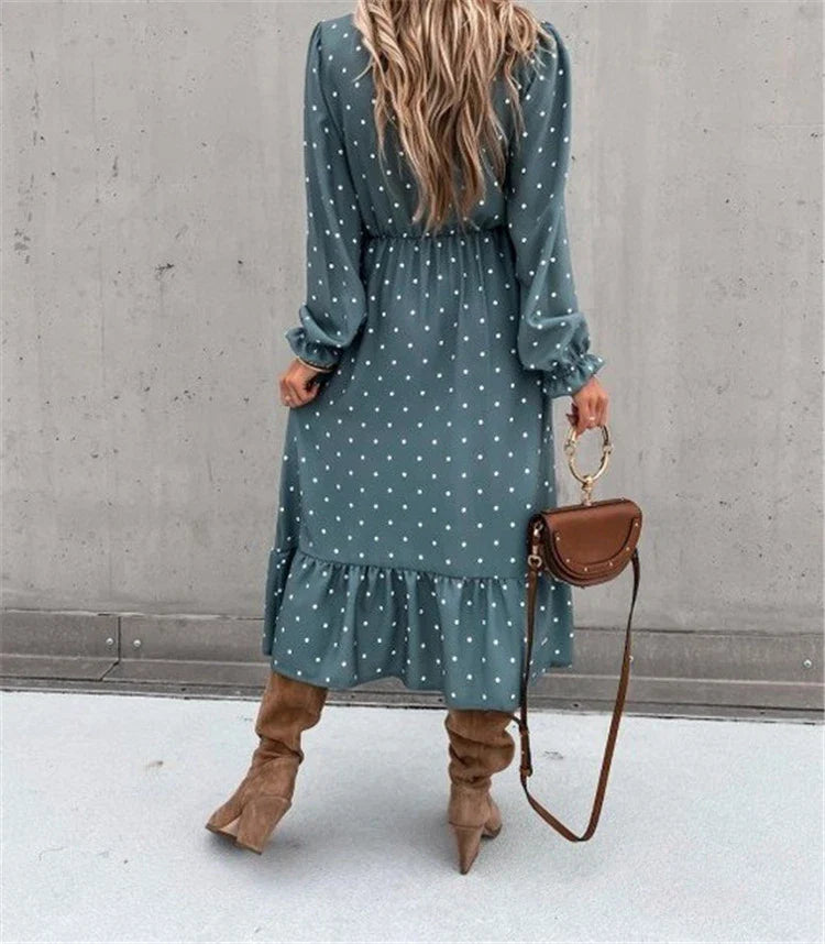 Polka dot long sleeve dress in skyblue and apricot colors, featuring a V-neck and A-line silhouette for a flattering, professional look