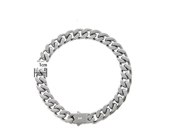 Stylish titanium steel bracelet with Cuban-inspired design, adjustable length, and polished finish.