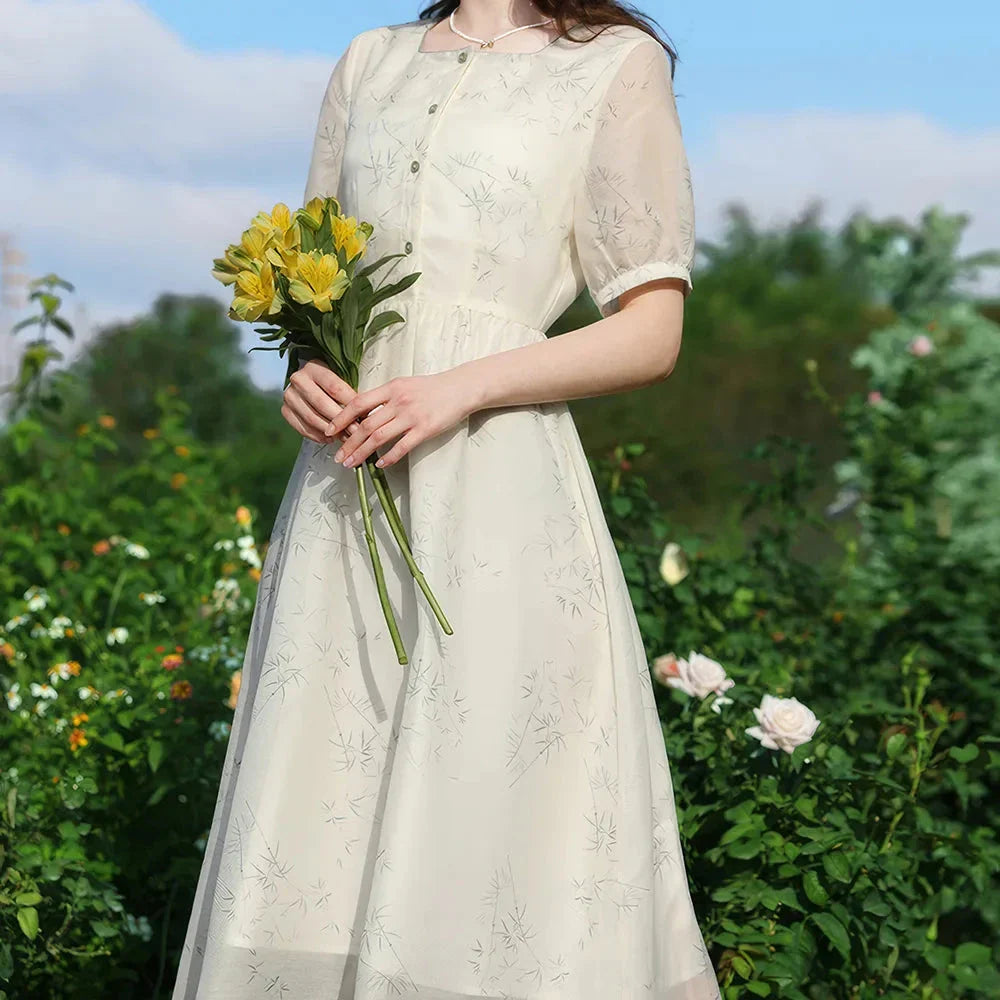 Elegant floral print French-inspired summer dress with square neckline and short sleeves for Kiwi women