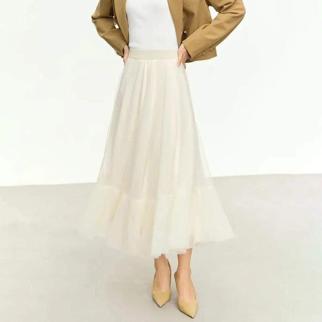 Elegant Fairy Gauze A-Line Skirt in Orange Beige and White, featuring a classic A-line silhouette and ankle-length design