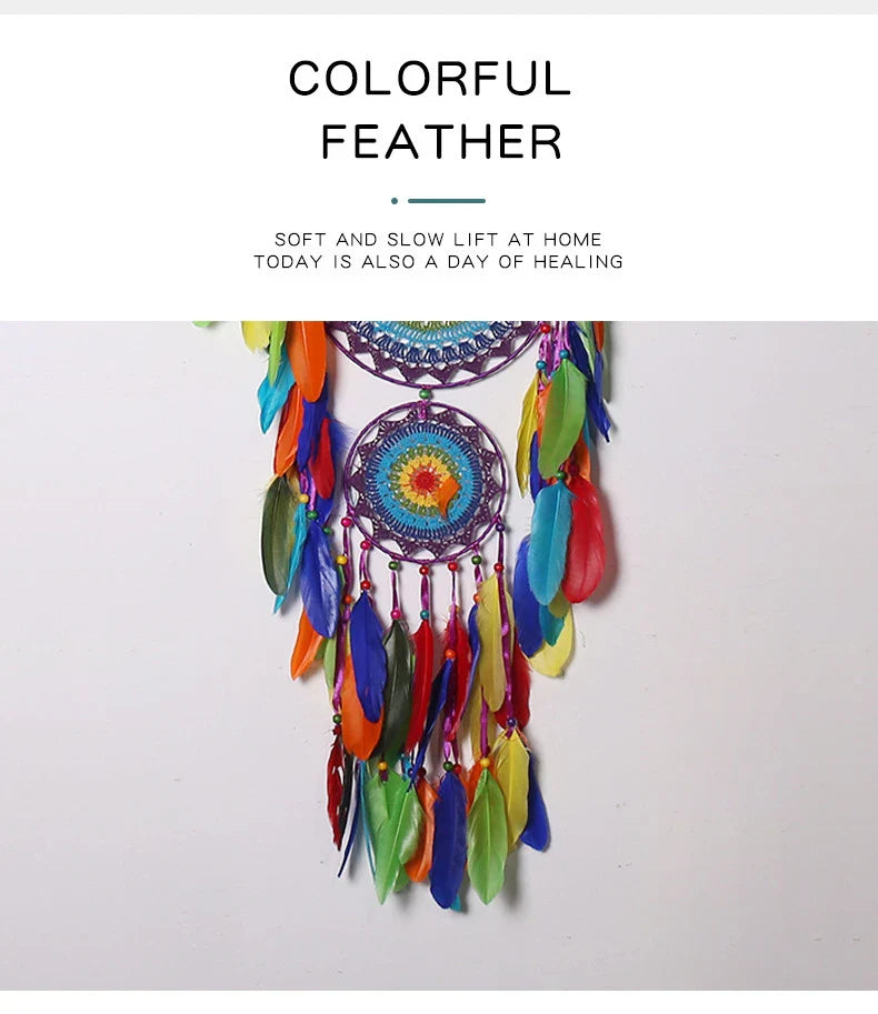 Vibrant, handcrafted dreamcatcher wall hanging with feathers, wood, and beads, adding a touch of Kiwi-inspired charm to any home.