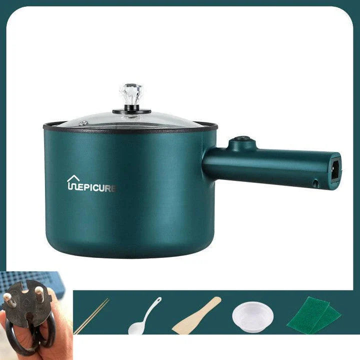 Versatile electric cooker in Emerald Green and Sapphire Blue colours, featuring manual and smart pot models with steaming grids for a range of cooking functions.